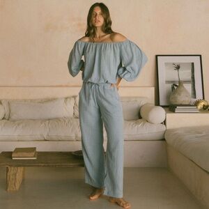 PHIE COLLECTIVE Gauze Blue Cotton Linen Casual Pants